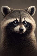 Fototapeta premium Portrait of cute raccoon on gray background, created using generative ai technology