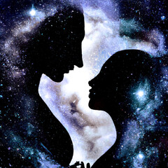 Man and Woman silhouettes at abstract cosmic background. Human souls couple in love and spiritual life concept – Generative AI illustration