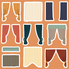 Window curtains. Realistic modern cloth for interior design. Elegant drapes template. Hanging fabric stickers set. Vector design
