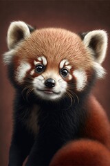 Portrait of cute red panda on red background, created using generative ai technology