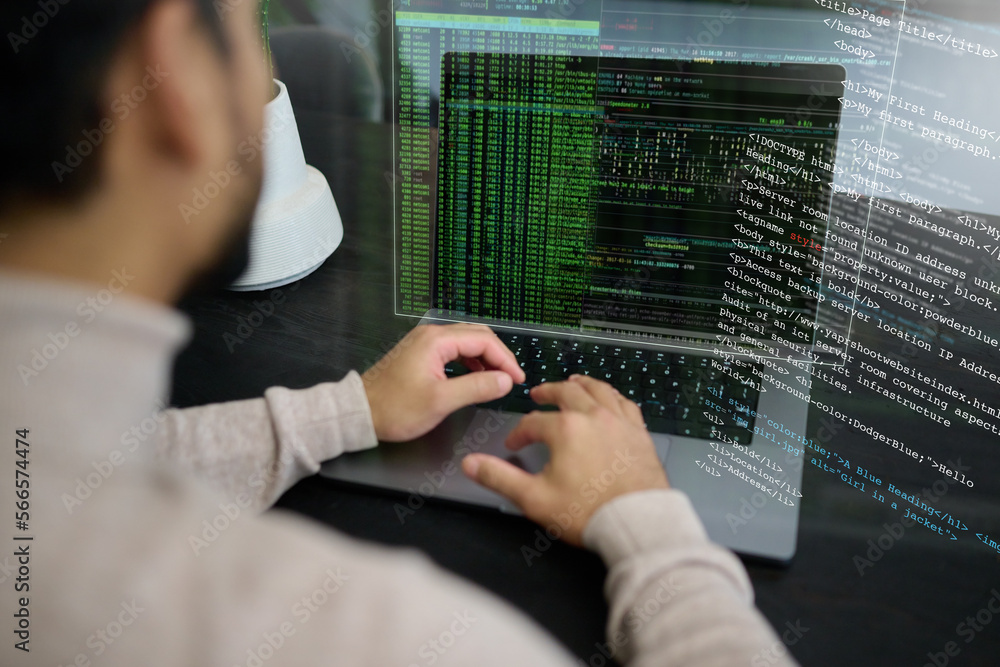 Fototapete Programmer, man and laptop coding on hologram, software development or cloud computing. IT engineer, server overlay and computer code of website, digital algorithm or big data of networking developer
