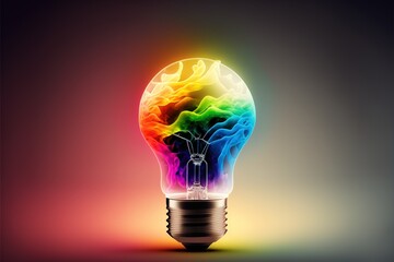 Image of lightbulb with colourful stains on black background, created using generative ai technology
