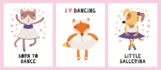Cute funny animals, cat, fox, dog, ballerina girls, ballet dancers. Posters, cards collection. Hand drawn vector illustration. Scandinavian style flat design. Concept for kids fashion, textile print.