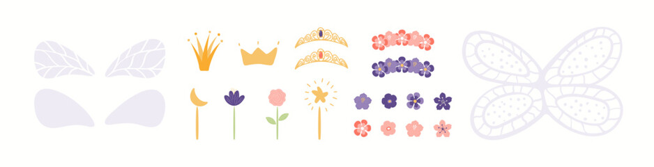 Girly fairy accessories, wings, magic wands, crowns, flowers clipart collection, isolated on white. Hand drawn vector illustration. Scandinavian style flat design. Cartoon elements set for kids print