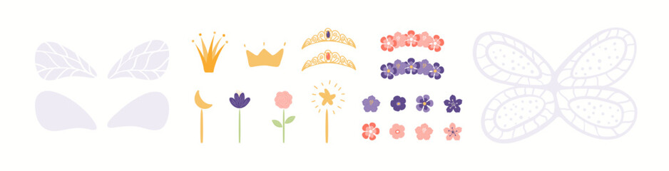 Girly fairy accessories, wings, magic wands, crowns, flowers clipart collection, isolated on white. Hand drawn vector illustration. Scandinavian style flat design. Cartoon elements set for kids print © Maria Skrigan