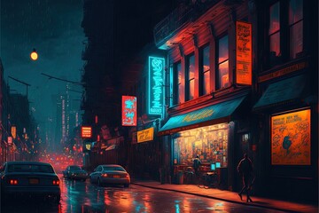  a painting of a city street at night with neon signs and cars parked on the side of the street and people walking on the sidewalk.  generative ai