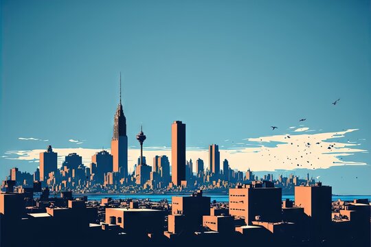  a picture of a city skyline with a bird flying over the city and the ocean in the foreground and a bird flying over the city.  generative ai