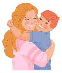 Mom hugging son. Loving parent and child. Happy family