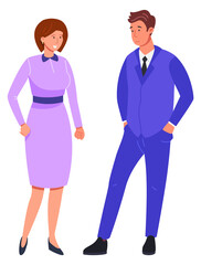 Man and woman in formal clothes. Colleagues talking. Young couple