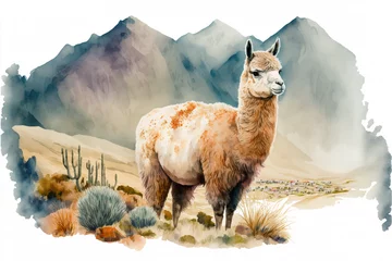 Foto auf Alu-Dibond Digital watercolor painting of an alpaca in the mountains. 4k Wallpaper, background © ArtSpree