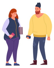 Students talking. Young man and woman. Friends conversation