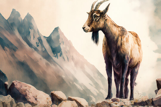 Digital watercolor painting of a goat in the mountains. 4k Wallpaper, background