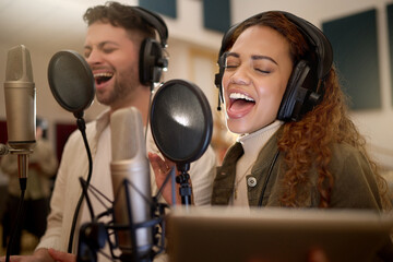 Artists, singer or people on studio microphone, music app or live streaming lyrics in song...