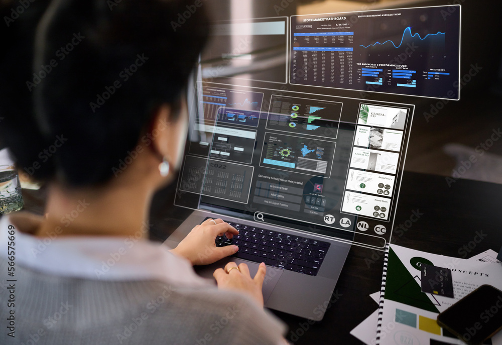 Aufkleber Woman, laptop hologram and dashboard of media, stock market data or economy of network innovation. Financial analysis, computer and digital overlay of graphs, database and global investment analytics