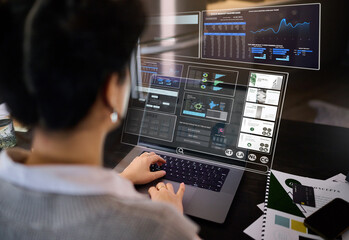 Woman, laptop hologram and dashboard of media, stock market data or economy of network innovation. Financial analysis, computer and digital overlay of graphs, database and global investment analytics
