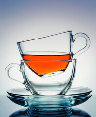 Two glass transparent cups with tea and saucers on a white-blue gradient background. Tea break.Morning tea drinking.