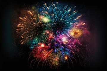 Multi coloured fireworks exploding on black background, created using generative ai technology