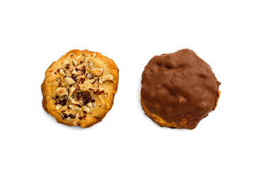 Shortbread cookies with chocolate and nuts isolated on white background.