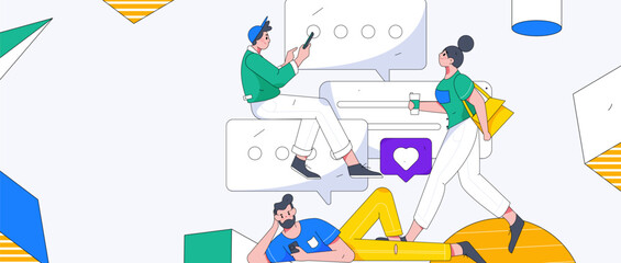 Virtual characters social communication concept business flat vector hand drawn illustration
