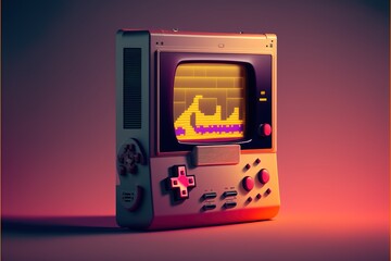 Retro gaming console and controls on pink to grey background, created using generative ai technology