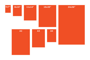  Printable sizes guide graphic. Poster printing standards illustration. Printer paper photo sizes. 