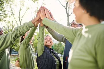 High five, nature and people hands from team building at wellness retreat with community and...