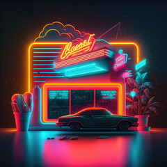Bar Cafe Shop Building Facade with Neon Label and Lights at Night Generative AI Illustrations