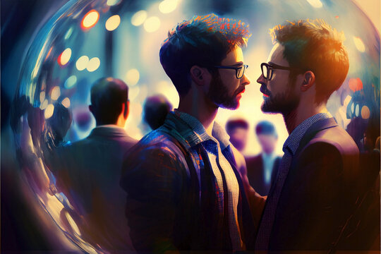 Love is love. International lgbt gay love. Two young boys with glasses and beards kiss at the station to say goodbye. A very intimate farewell with feelings. Two men waiting for a kiss. Ai generated.