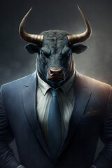 Portrait of a bull of the stock market wearing a business suit. AI Generative illustration - 566577285