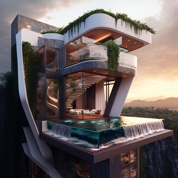Jango Luxus A Penthouse with a Rooftop Hyper Realistic Waterfall, Generative AI.	