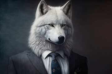 Portrait of a white wolf dressed in a business suit