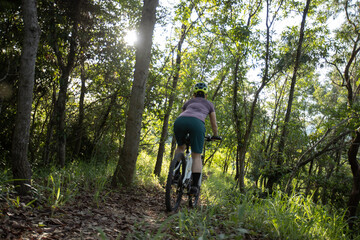 Obraz premium Mountain biking in summer forest
