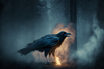 Generative AI of black crow emerging from smoke in a dark forest at full moon.	