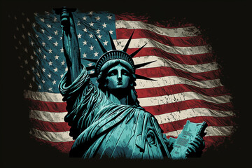 Obraz premium American flag and the Statue of liberty. Background for independence day - 4th of July. - Generative Ai. 