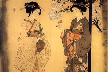 Traditional Japanese painting. Women in kimano.