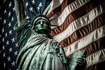 Obraz premium American flag and the Statue of liberty. Background for independence day - 4th of July. - Generative Ai. 