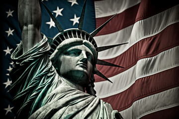 American flag and the Statue of liberty. Background for independence day - 4th of July. - Generative Ai. 