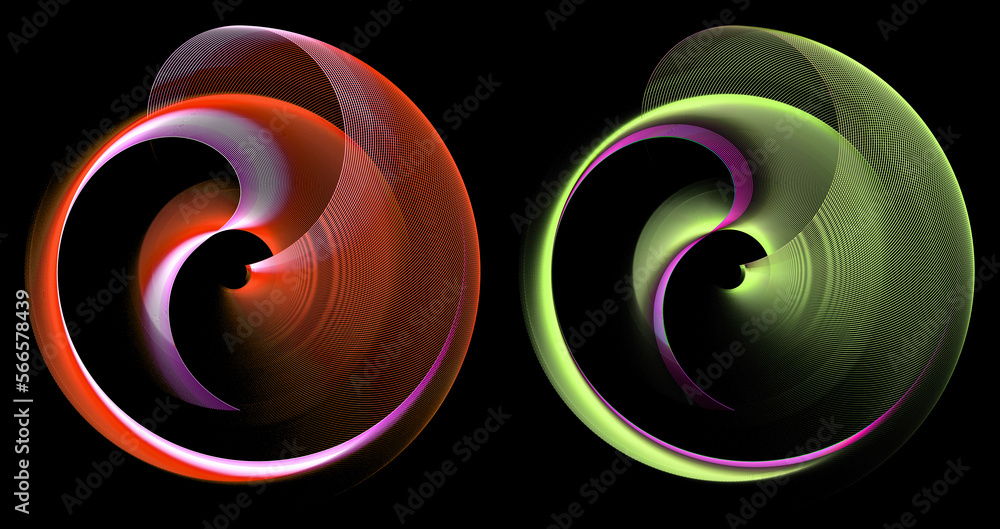 Aufkleber abstract colorful propellers with arcuate and wavy blades rotate on a black background. set of graph