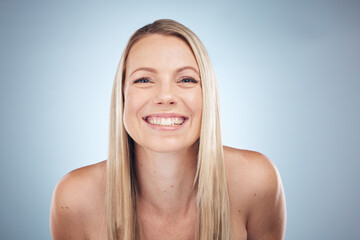 Portrait, dental and beauty with a model woman in studio on a gray background showing her big smile. Aesthetic, skin and oral hygiene with an attractive female posing to promote teeth whitening