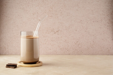 Chocolate protein shake drink with protein powder, copy space
