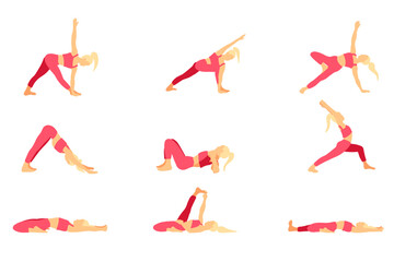 Yoga poses collection. Blonde girl in a pink tracksuit. Female woman girl. Vector illustration in cartoon flat style isolated on white background.