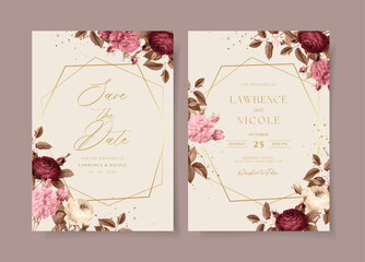 Wedding invitation template set with  floral and leaves decoration