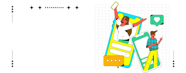 Virtual characters social communication concept business flat vector hand drawn illustration
