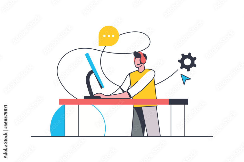 Poster call center flat line concept. man works as consultant and answers client questions, gives advice an