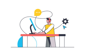 Call center flat line concept. Man works as consultant and answers client questions, gives advice and finds solutions for technical issues. Vector illustration with outline people scene for web design