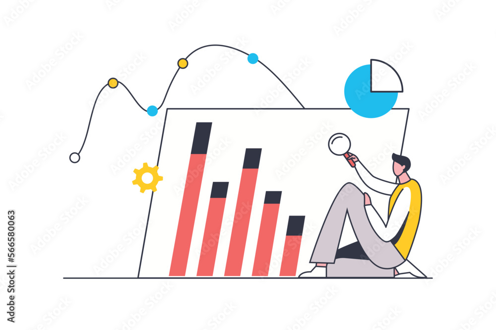 Aufkleber data analysis flat line concept. man is studying graphs and charts, researching statistics for finan