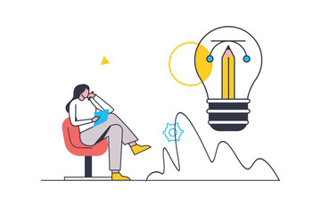 Creative process flat line concept. Woman thinking and generates new ideas, creates artworks and art projects, gets inspired and motivated. Vector illustration with outline people scene for web design