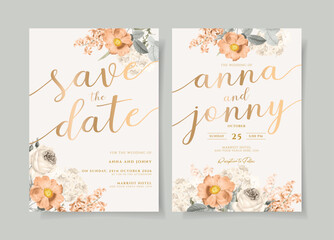 Elegant wedding invitation template set with floral and leaves decoration