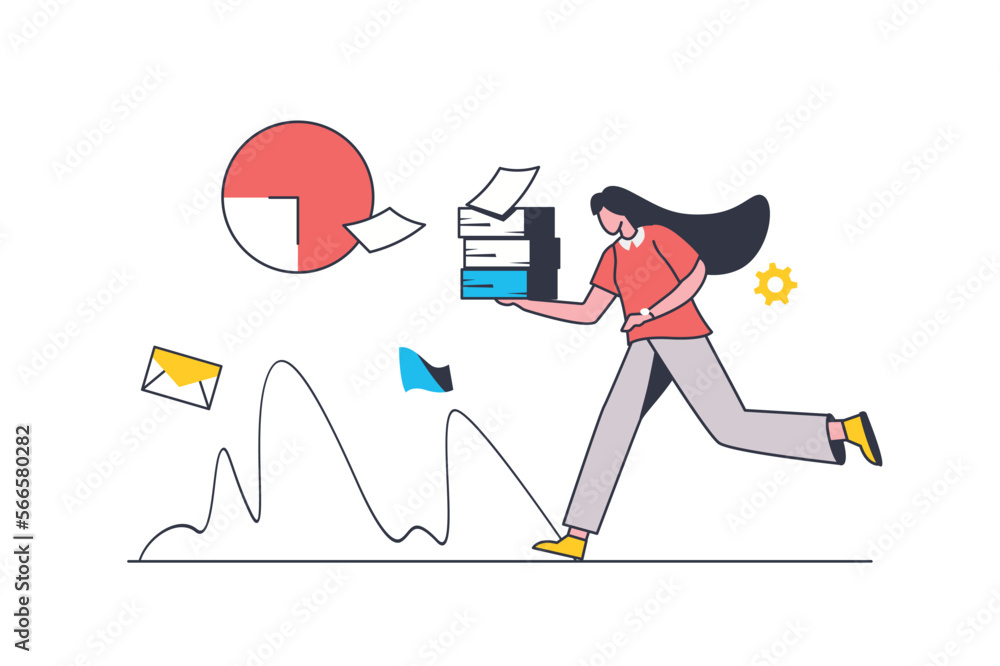 Poster deadline flat line concept. woman working overtime in office, doing paperwork and rushing with pile 