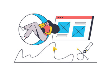 Graphic design flat line concept. Woman designer makes website layout, places content and elements, illustrator drawing arts for project. Vector illustration with outline people scene for web design